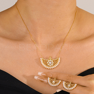 Brass Micro Pave Clear Cubic Zirconia Moon Pendant Necklaces & Stud Earrings Sets for Women WM4804-1