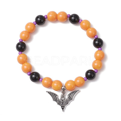 Halloween Theme Baking Paint Glass & Natural Black Onyx(Dyed & Heated) Round Beaded Stretch Bracelets BJEW-MZ00188-02-1