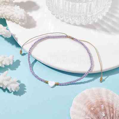 Heart Natural Shell & Glass Seed Braided Bead Bracelets BJEW-JB09922-02-1