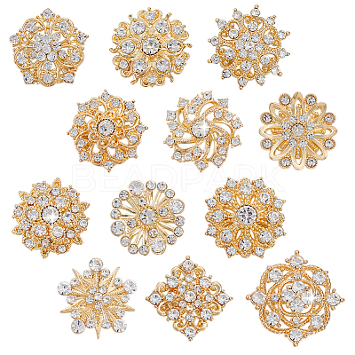 12Pcs Flower Alloy Rhinestone Brooches for Clothes JEWB-WH0020-073G-1