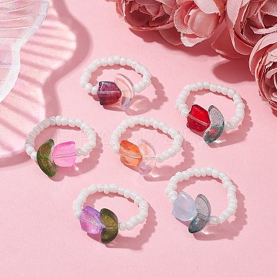 Tulip Flower Glass Seed Beaded Stretch Rings for Women RJEW-JR00596-1