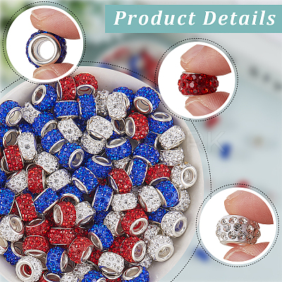 120Pcs 3 Colors Polymer Clay Rhinestone European Large Hole Beads with Silver Color Plated Brass Cores FPDL-LT0001-01A-1