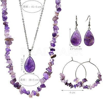 Bohemian Style Natural Amethyst Teardrop Pendant Necklaces & Chip Beaded Necklaces & Hoop Earrings & Dangle Earrings Sets WG11994-01-1