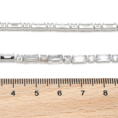 Brass Pave Clear Cubic Zirconia Rectangle & Flat Round Link Bracelets BJEW-YWC0002-02A-1