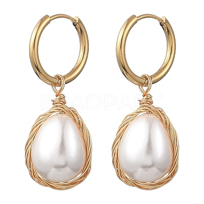 Electroplate Shell Pearl Hoop Dangle Earrings for Women EJEW-JE07266-1