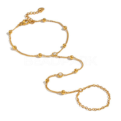 304 Stainless Steel Pave Clear Cubic Zirconia Flat Round Hand Chain Finger Ring Bracelets for Women OK9358-1