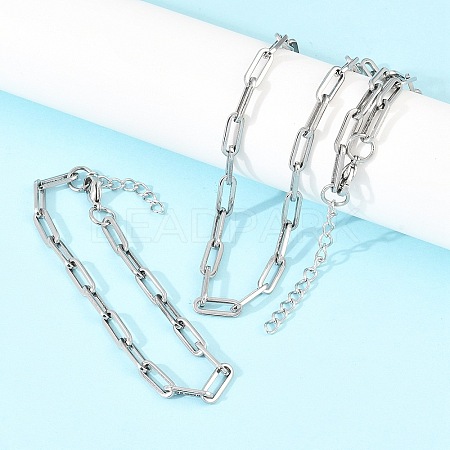 304 Stainless Steel Link Paperclip Chain Bracelet & Necklace Jewelry Sets SJEW-L199-05P-1