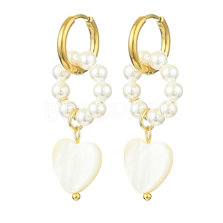 Shell Pearl & Shell Heart Dangle Hoop Earrings EJEW-TA00323-1