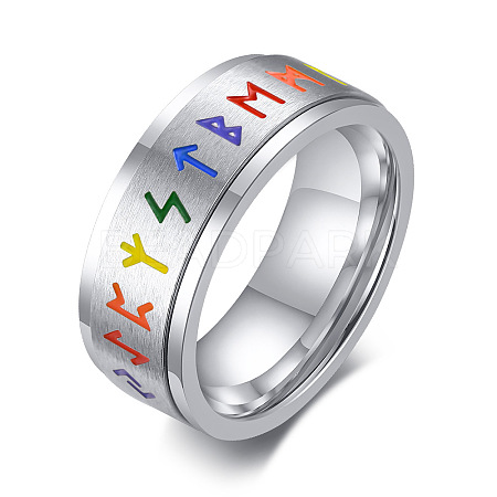 Rainbow Color Pride Flag Rune Words Odin Norse Viking Amulet Enamel Rotating Ring RABO-PW0001-037C-1