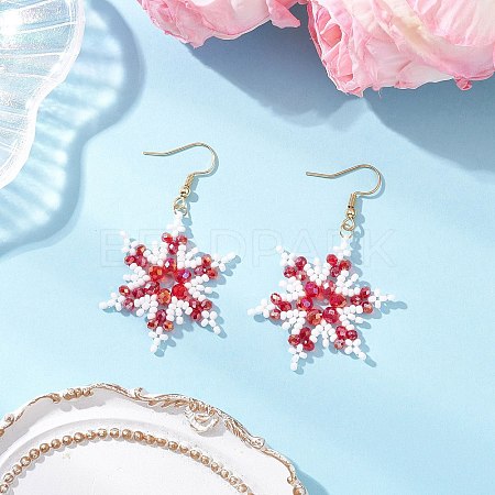 304 Stainless Steel Glass Seed Beads Snowflake Dangle Earrings EJEW-MZ00537-03-1