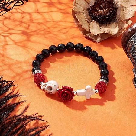 Halloween Dyed & Heated Natural Black Onyx & Synthetic Turquoise Beaded Stretch Bracelets for Women X1-BJEW-TA00665-1