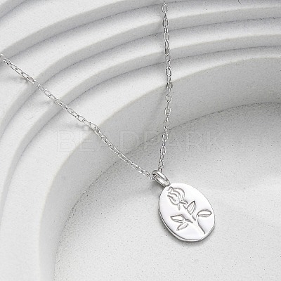 925 Sterling Silver Oval with Engraved Rose Flower Pendant Necklaces for Women NJEW-D316-03P-1