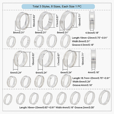 24Pcs 24 Style 201 & 304 Stainless Steel Grooved Finger Ring Settings STAS-UN0044-15-1