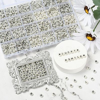 27 Style Flat Round with Black Letter & Heart Acrylic Luminous Beads SACR-YW0001-37-1