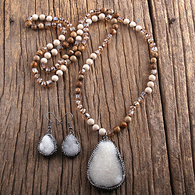 Teardrop Bohemian Style Glass with Natural Picture Jasper Pendant Necklace & Dangle Earrings Sets FS-WG0DE9F-05-1