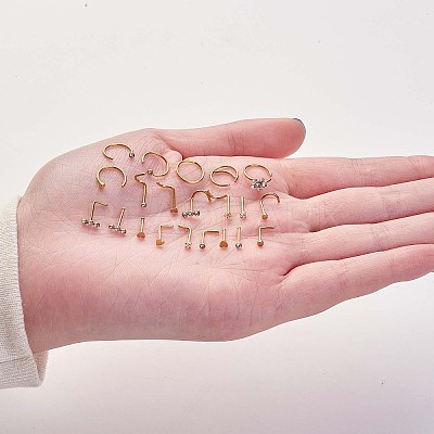 21Pcs 21 Style Clear Cubic Zirconia Flower & Flat Round & Heart Nose Studs & Rings Set JX527C-1