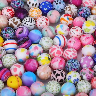 Printed Round with Stripe Pattern Silicone Focal Beads SI-JX0056A-139-1