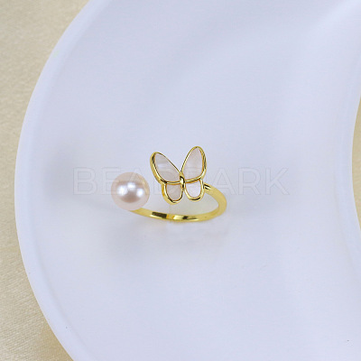Natural Freshwater Pearl with Plastic & Alloy Cuff Rings WGACE42-10-1