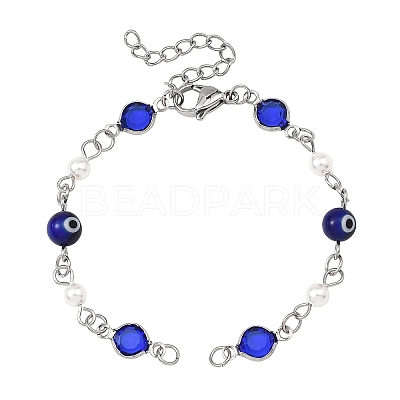 Handmade Lampwork Blue Evil Eye and 304 Stainless Steel Glass Flat Round Link Chain Bracelet Making AJEW-JB01644-1