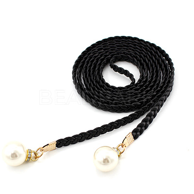 Imitation Leather Braided Belly Belt with Plastic Imitation Pearl Round Bead WG11EBA-03-1