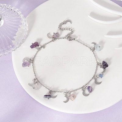 Natural Fluorite Chips & Moon Charms Anklet AJEW-AN00512-06-1