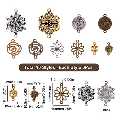 60Pcs 10 Styles Tibetan Style Alloy Connector Charms FIND-SC0003-35-1