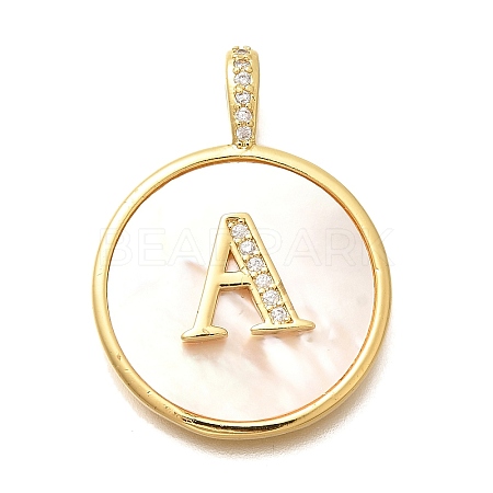 Rack Plating Brass Micro Pave Clear Cubic Zirconia Pendants with Shell KK-M309-42G-A-1