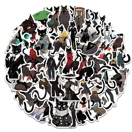 50Pcs Black Cat Shape PVC Self Adhesive Cartoon Stickers STIC-G001-07-1