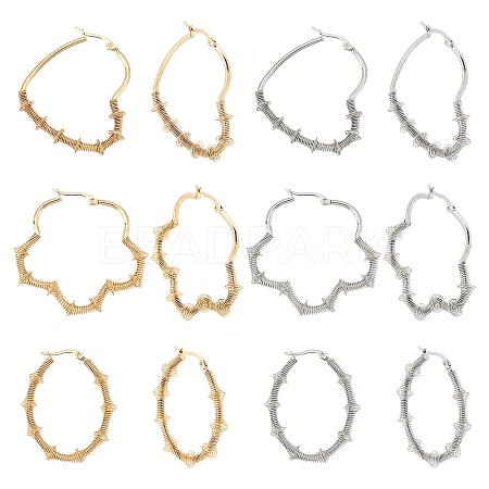 Unicraftale 6 Pairs 6 Style Heart & Flower & Oval 304 Stainless Steel Wire Wrapped Hoop Earrings EJEW-UN0001-84-1