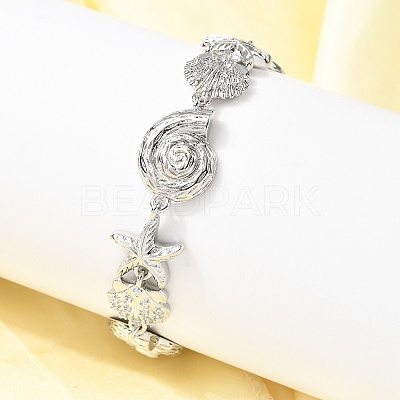 Summer Beach Brass Micro Pave Clear Cubic Zirconia Starfish & Shell Shape Link Chain Bracelets LS-BJEW-C118-02A-P-1