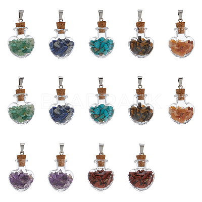 2 Sets Mixed Stone Chip Heart Glass Wishing Bottle Pendants FIND-DC0005-62-1