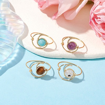Round Natural Amethyst & Tiger Eye & Hemimorphite & Rainbow Moonstone Finger Rings RJEW-TA00144-1
