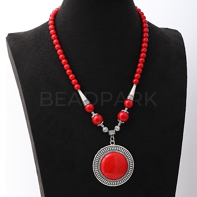 Vintage Alloy with Dyed Synthetic Turquoise Bohemian Flat Round Pendant Round Beaded Necklaces for Women LS-DH5504-3-1