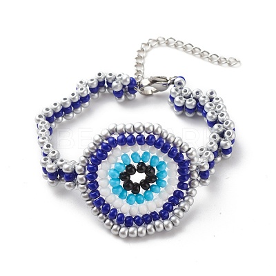 Glass Seed Braided Evil Eye Link Bracelet for Women BJEW-JB08398-01-1