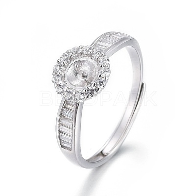 Adjustable Rhodium Plated 925 Sterling Silver Finger Design Ring Mounts Fittings with Pearl Seat STER-F048-07P-1