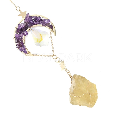 Natural Amethyst Chips & Brass Moon Suncatchers HJEW-JM05018-01-1