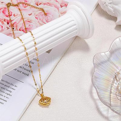 Seashell Pearl Necklace Clear Cubic Zirconia Shell Cage Dangle Necklace Summer Scallop Choker Charm Stainless Steel Jewelry for Women Beach JN1114A-1