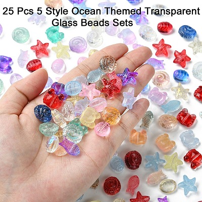 25Pcs 5 Style Ocean Themed Transparent Glass Beads Sets GLAA-YW0003-40A-1