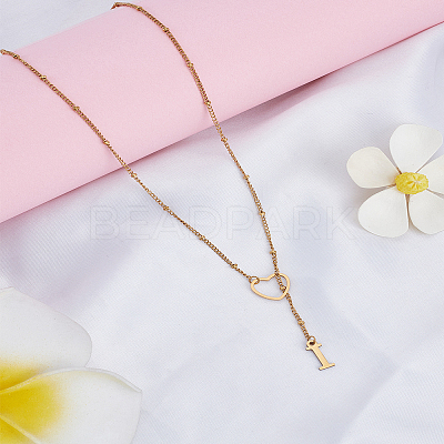 1Pc Letter & Heart Stainless Steel Lariat Necklaces for Women NJEW-LP0002-87G-I-1