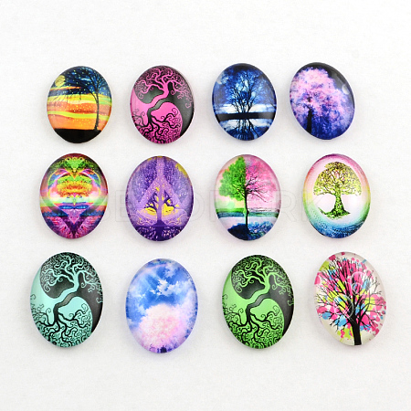 Oval Tree Pattern Glass Cabochons for DIY Projects GGLA-Q040-25x18-M13-1