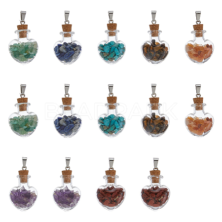 2 Sets Mixed Stone Chip Heart Glass Wishing Bottle Pendants FIND-DC0005-62-1