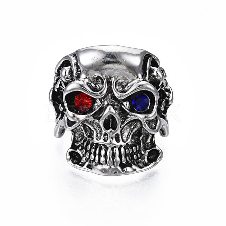 Gothic Punk Skull Alloy Open Cuff Ring with Rhinestone for Men Women RJEW-T009-52AS-1
