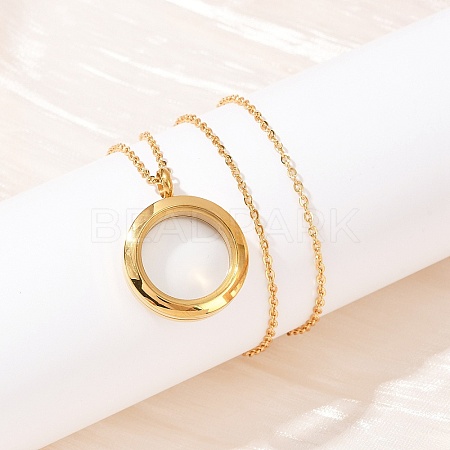 304 Stainless Steel Visible Flat Round Locket Pendant Pet Urn Ashes Necklaces NJEW-S455-08G-1