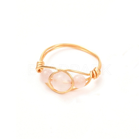 Copper Wire Wrapped Natural Rose Quartz Braided Bead Rings for Women RJEW-JR00387-01-1