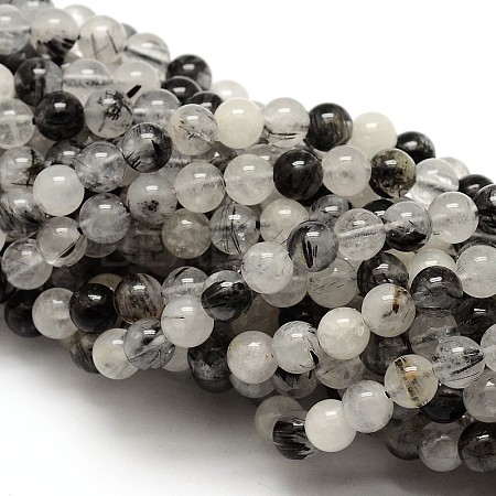 Natural Black Rutilated Quartz Round Beads Strands X-G-E251-30-4mm-1