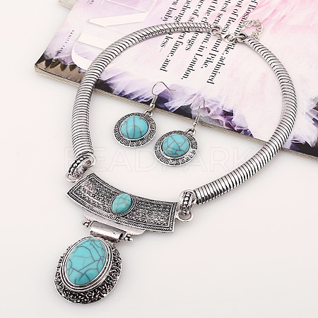 Oval Synthetic Turquoise Pendant Necklaces & Dangle Earrings Sets. Alloy Jewelry Sets FS-WGD3387-01-1