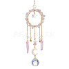 Natural Rose Quartz Chip Pendant Decorations with Brass Moon & Cable Chain & Electroplated Quartz Crystal Tassel HJEW-JM01650-04-1