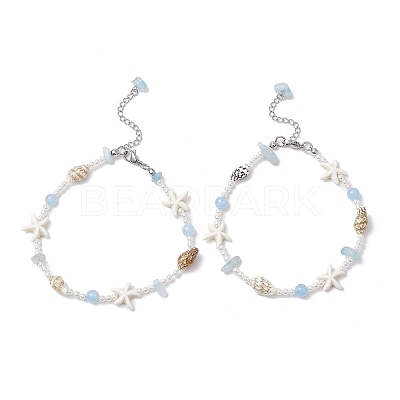 Summer Natural Dyed Aquamarine & Round White Jade & Natural Sea Shell & Shell Pearl & Synthetic Turquoise Starfish Beaded Anklets AJEW-AN00693-1