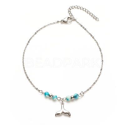 304 Stainless Steel Mixed Shape Charm Anklet with Round Natural White Jade Beads for Women AJEW-AN00498-1