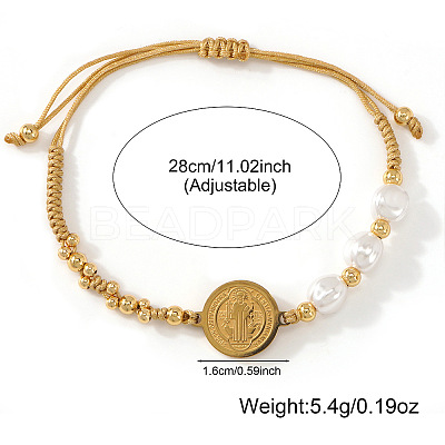 Imitation Pearl and Brass Saint Benedict Braided Bead Bracelets LS-KP6024-1